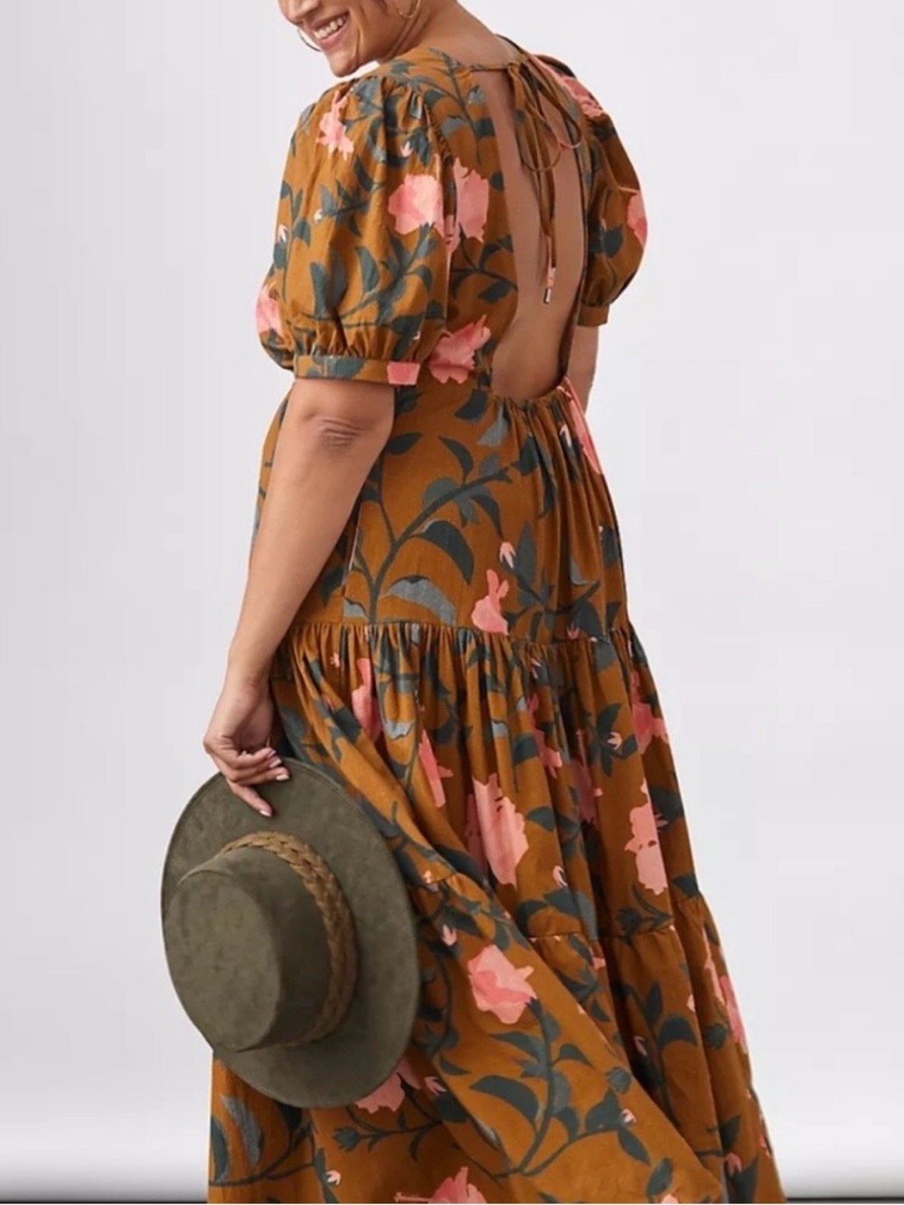 Anthropologie By Conditions Apply Brown Maxi Dress with Pink Floral Print - Picture 6 of 7